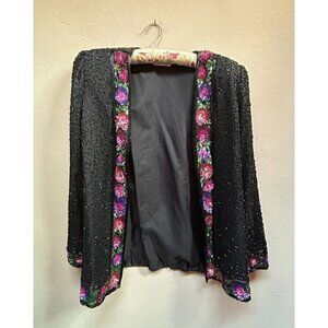 Vintage Laurence Kazar Jacket Beaded Sequin Silk Women Large Floral Black Lined